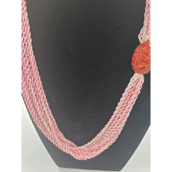 Vintage Multi-Strand Pink & White Seed Bead Necklace with Carved Cinnabar Focal - Picture 4 of 9